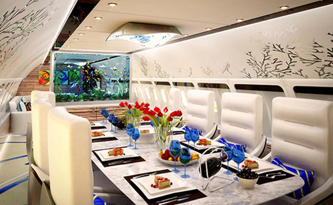 Dining room with fish tank on private jet