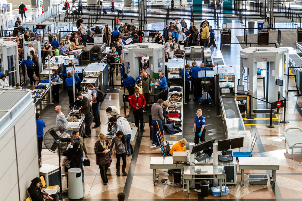 An overhead view of security lines at the Denver International Airport.