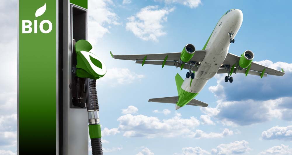 A white and green plane takes off on a blue sky on the right side of the image, next to a green pump that reads 'bio' representing sustainable fuel.