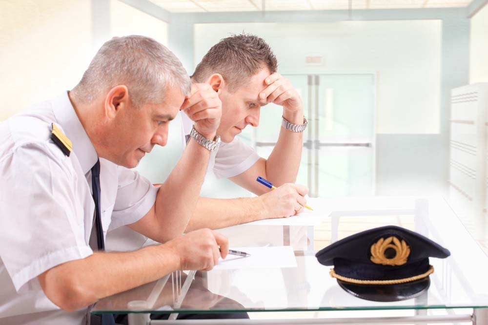 Two airline pilots take a test.
